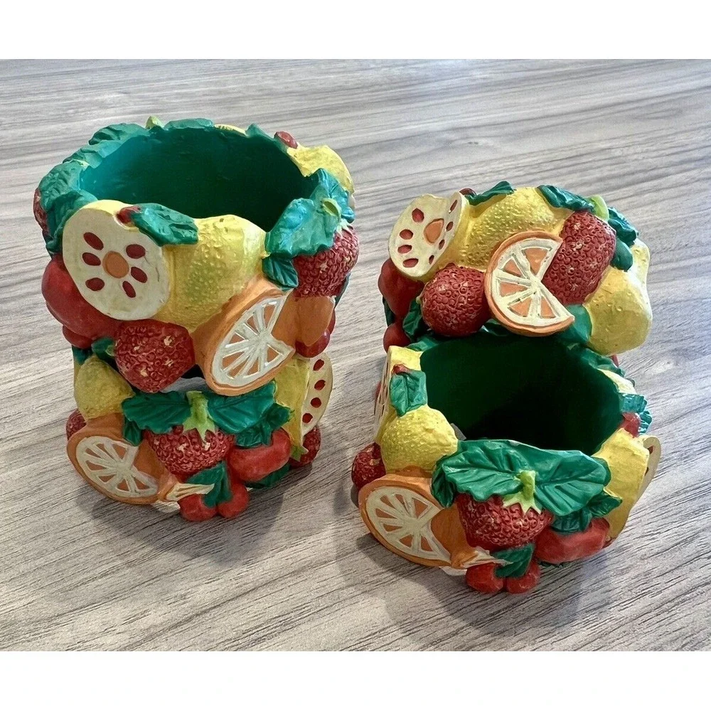 Vintage Mixed Fruit Set Of 4 Napkin Ring Holders Cherries‎ Strawberries Resin